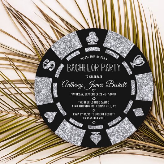 Invitation Silver Glitter Poker Chip Las Vegas Bachelor Party