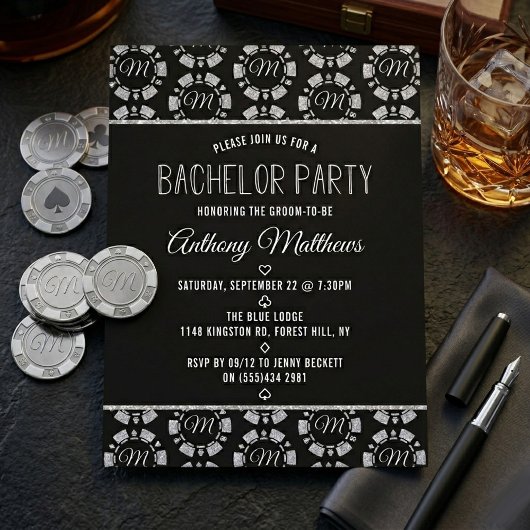 Invitation Silver Glitter Poker Chip Las Vegas Bachelor Party