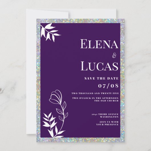 Invitation Silver glitter purple white sketch floral wedding  (Devant)