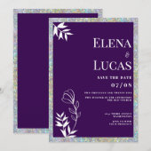 Invitation Silver glitter purple white sketch floral wedding  (Devant / Derrière)