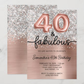 Invitation Silver Glitter Rose Gold Glam 40 and Fabulous (Devant / Derrière)