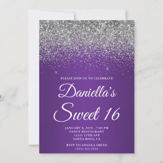 Invitation Silver Glitter Royal Purple Gradient Sweet 16 (Devant)