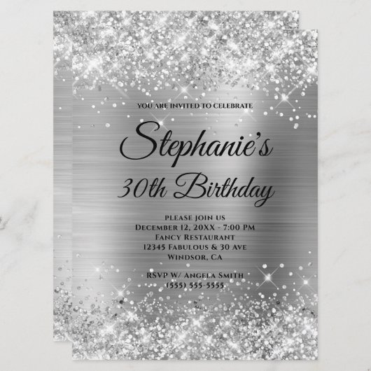 Invitation Silver Glittery Foil Fancy Monogramme 30e annivers (Devant / Derrière)
