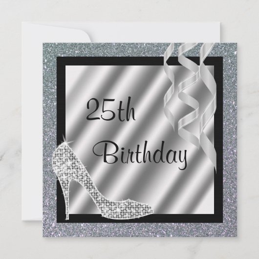Invitation Silver Glittery Stiletto & Streamers 25e anniversa (Devant)