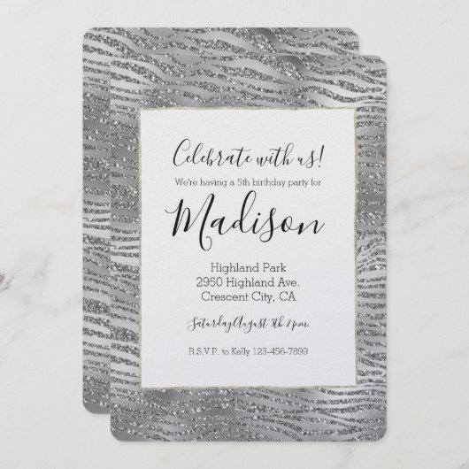 Invitation Silver Glitz Zebra Print (Devant / Derrière)
