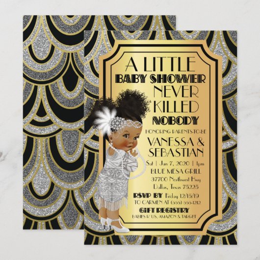 Invitation Silver Gold & Black Flapper African American Girl (Devant / Derrière)