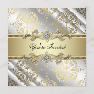 Invitation Silver Gold Damask Party