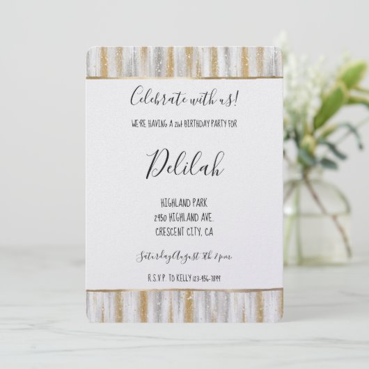Invitation Silver Gold Glam Stripes Birthday (Debout devant)