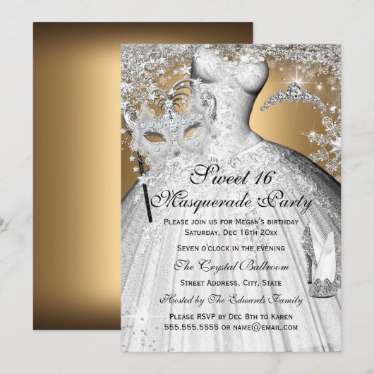 Invitation Silver Gold Princess Masquerade Sweet 16 Invitatio (Devant / Derrière)