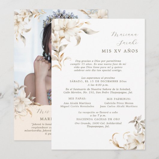 Invitation Silver & Gold Quinceañera en espagnol (Devant / Derrière)