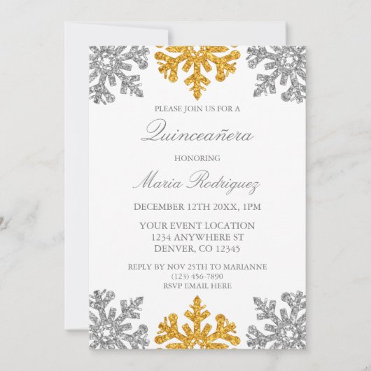 Invitation Silver Gold Snowflake Winter Quinceanera (Devant)