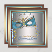 Invitation Silver Gold Turquoise Masquerade Party (Devant / Derrière)