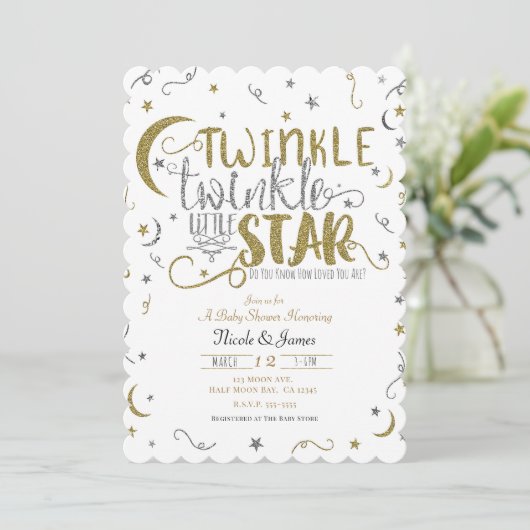 Invitation Silver & Gold Twinkle Baby shower Little Star (Debout devant)