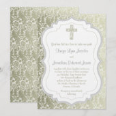 Invitation Silver Gold Vintage Damask Croix Mariage chrétien (Devant / Derrière)