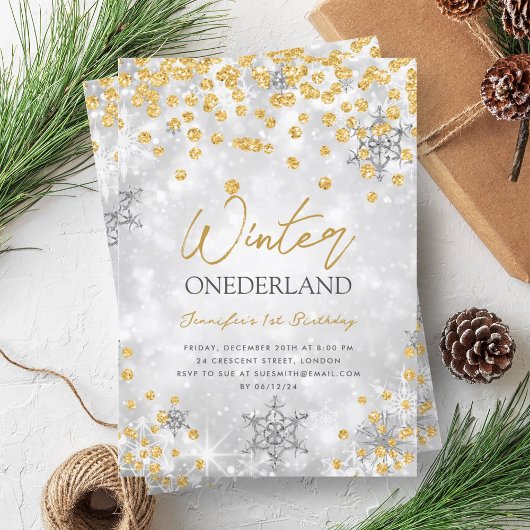 Invitation Silver Gold Winter ONEDERLAND Étincelle 1er annive