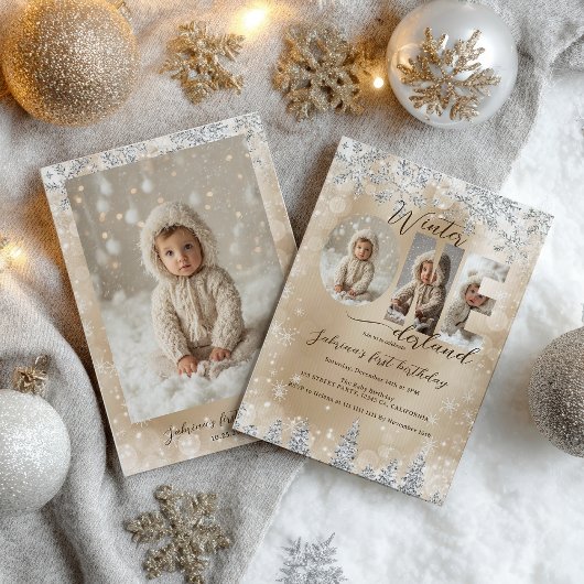 Invitation Silver Gold Winter ONEderland Photo First Birthday