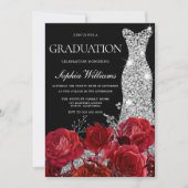 Invitation Silver Gown Red Roses Black Graduation Party Invit (Devant)