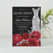 Invitation Silver Gown Red Roses Black Graduation Party Invit (Debout devant)