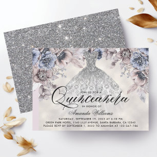 Invitation Silver Gown tendance Floral Photo Quinceañera