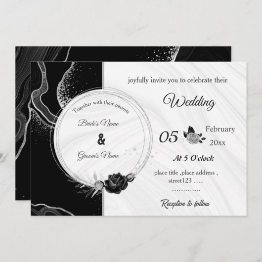 Invitation silver gray & black flowers botanical wedding (Devant / Derrière)