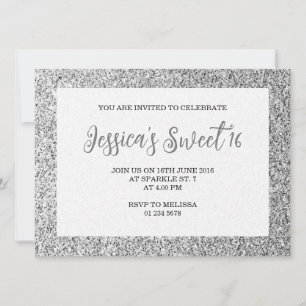 Invitation Silver gray scintille Sweet 16 élégant script