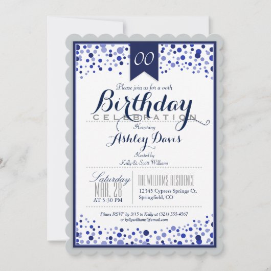Invitation Silver Grey, Blanc, Navy Blue Anniversaire Party (Devant)