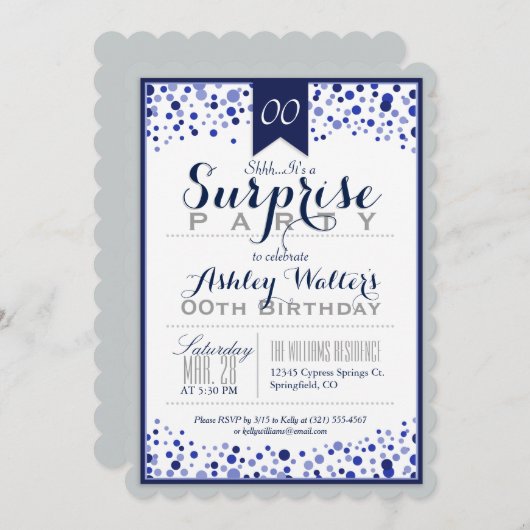 Invitation Silver Grey, Blanc, Navy Blue Surprise Party (Devant / Derrière)