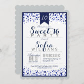 Invitation Silver Grey, Blanc, Navy Blue Sweet 16 Party (Devant / Derrière)