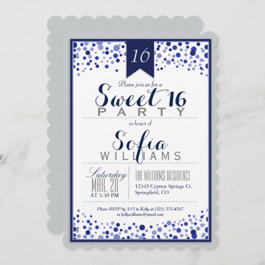Invitation Silver Grey, Blanc, Navy Blue Sweet 16 Party (Devant / Derrière)