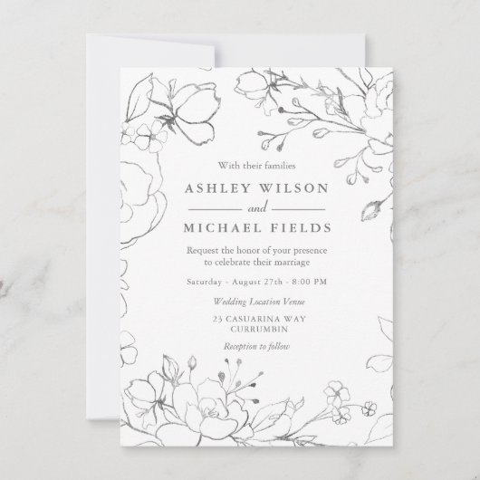 Invitation Silver Grey Floral Moderne Mariage élégant (Devant)