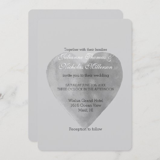 Invitation Silver Grey Heart Mariage romantique (Devant / Derrière)