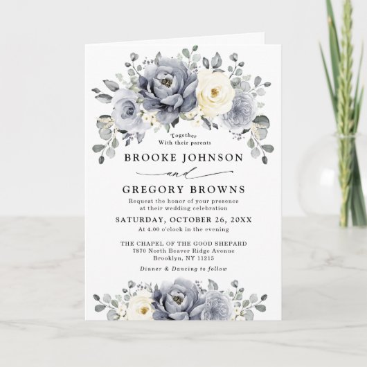 Invitation Silver Grey Ivory Floral hiver Rustique Mariage (Devant)