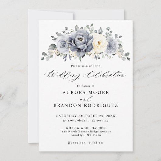 Invitation Silver Grey Ivory Floral hiver Rustique Mariage (Devant)