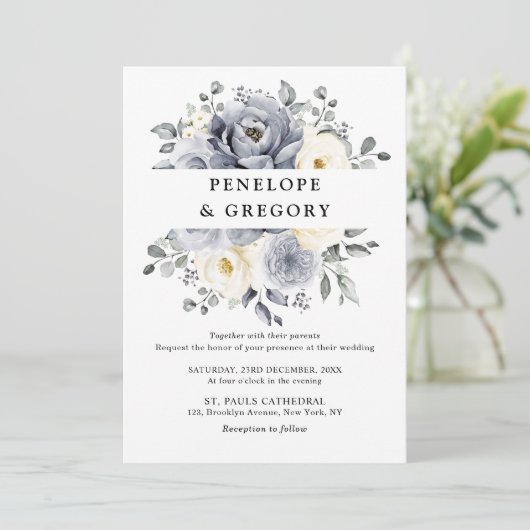 Invitation Silver Grey Ivory Floral hiver Rustique Mariage (Debout devant)