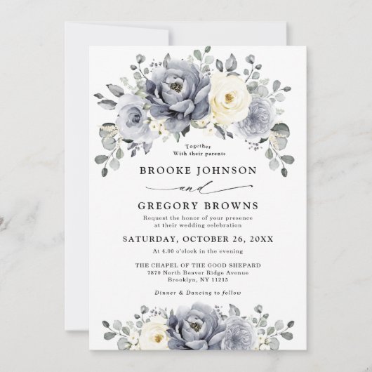 Invitation Silver Grey Ivory Floral hiver Rustique Mariage (Devant)