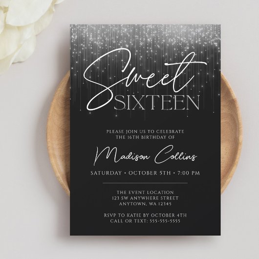 Invitation Silver Grey Lights Black Sweet 16