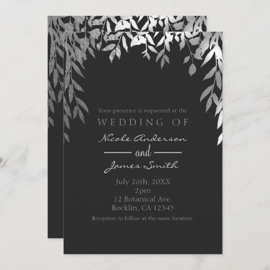Invitation Silver & Grey Moderne Glam Botanique Feuille Maria (Devant / Derrière)