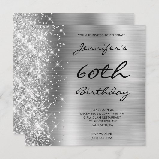 Invitation Silver Grey Ombre Foil Parties scintillant gauche  (Devant / Derrière)