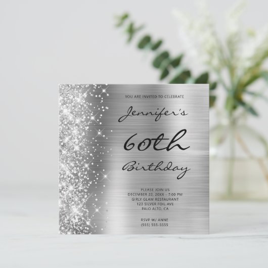 Invitation Silver Grey Ombre Foil Parties scintillant gauche  (Debout devant)