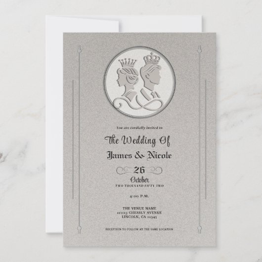 Invitation Silver Grey Royal Storbook King Queen Mariage (Devant)
