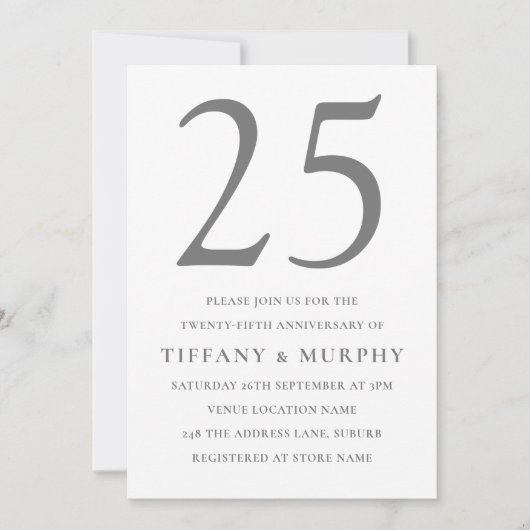 Invitation Silver Grey & White 25e anniversaire de Mariage (Devant)