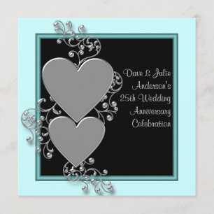 Invitation Silver Hearts Turquoise Silver 25e anniversaire fê