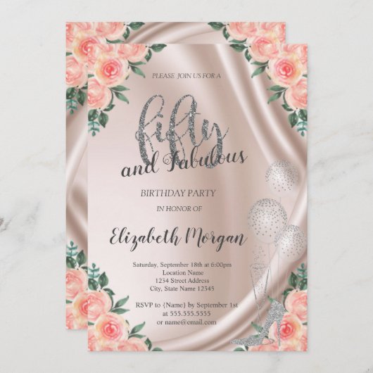 Invitation Silver High Heels Rose 50e anniversaire fête (Devant / Derrière)