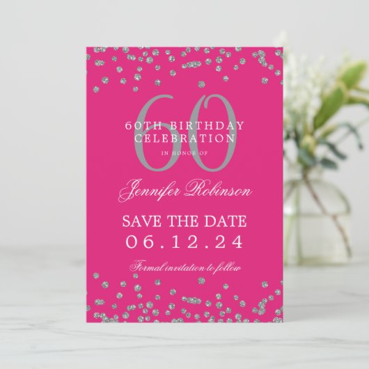 Invitation Silver Hot Pink 60th Birthday Save Date Détails (Debout devant)
