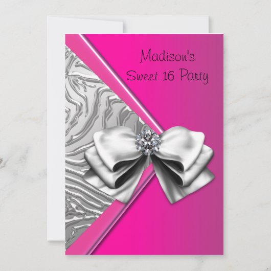 Invitation Silver Hot rose Zebra Sweet 16 Party (Devant)