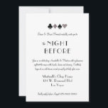 Invitation Silver La Nuit Avant Le Thème Du Casino<br><div class="desc">Cette "nuit d'avant" l'invitation de la répétition mariage est parfaite pour une fête de Las Vegas, après la fête ou la réception et présente des parties scintillant en argent faux et des symboles de couleur de carte blanche sur un arrière - plan noir avec texte entièrement personnalisé. Mariage ou un...</div>