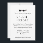 Invitation Silver La Nuit Avant Le Thème Du Casino<br><div class="desc">Cette "nuit d'avant" l'invitation de la répétition mariage est parfaite pour une fête de Las Vegas, après la fête ou la réception et présente des parties scintillant en argent faux et des symboles de couleur de carte blanche sur un arrière - plan noir avec texte entièrement personnalisé. Mariage ou un...</div>