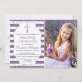 Invitation Silver Lavender Purple Photo First Holy Communion (Devant)