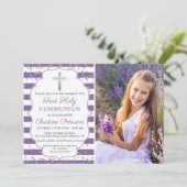Invitation Silver Lavender Purple Photo First Holy Communion (Debout devant)