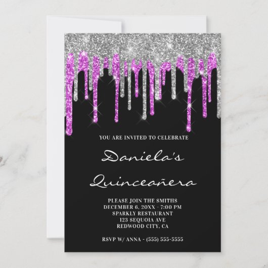 Invitation Silver Magenta Glitter Drips Black Quinceañera (Devant)